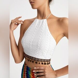 New SHEIN Bohemian White Lace Coin Fringe Halter Tie Crop Top